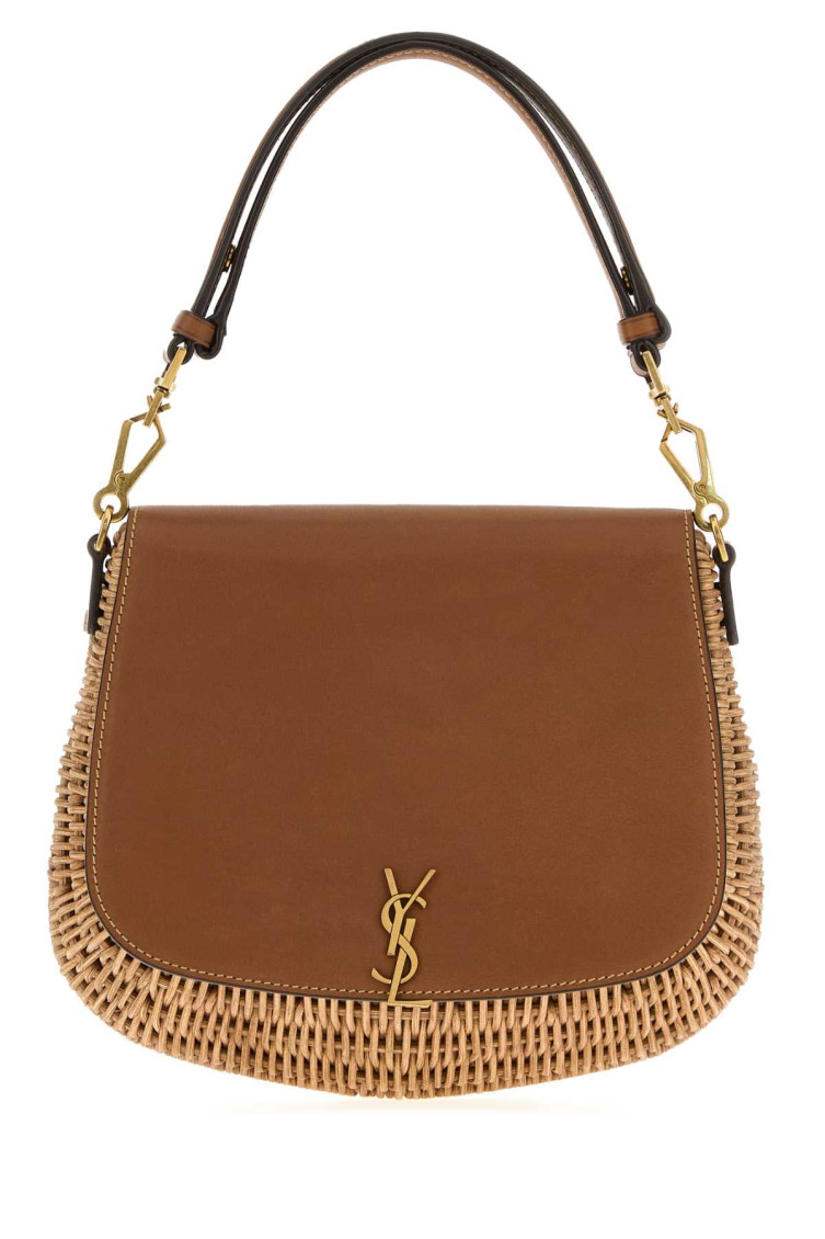 Saint Laurent Two-tone Wicker And Leather Voltaire Handbag In Brown