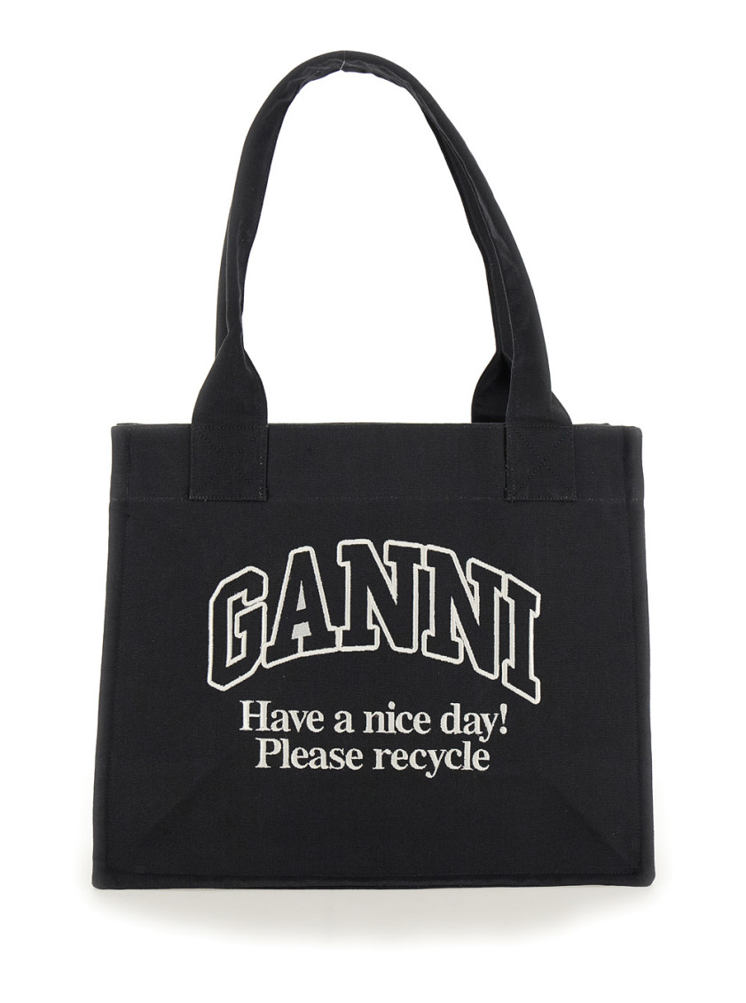Ganni Black Shopper With Embroidered Logo On The Front In Denim Woman In Black