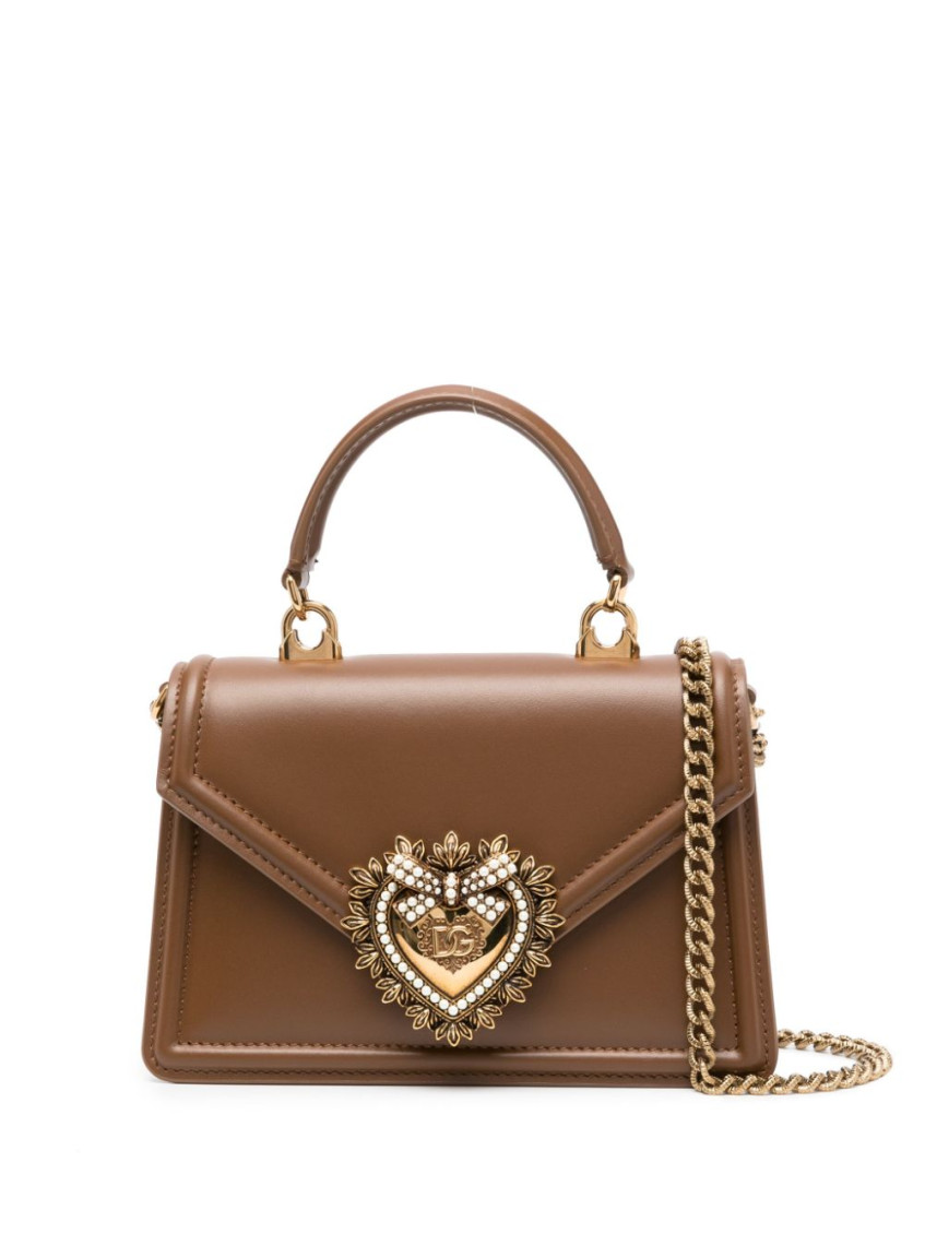 Dolce & Gabbana Heart Embellishment Small Leather Handbag In Brown