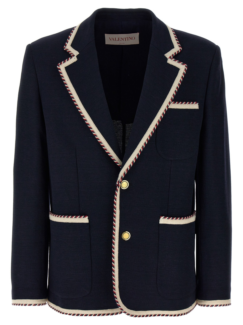 Valentino Blue Jersey Blazer With Torchon Piping In Dark Blue