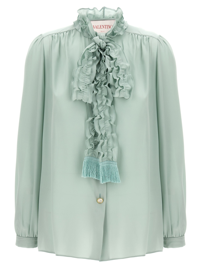 Valentino Crepe Shirt With High Neck And Ruffled Neckline In Light Green