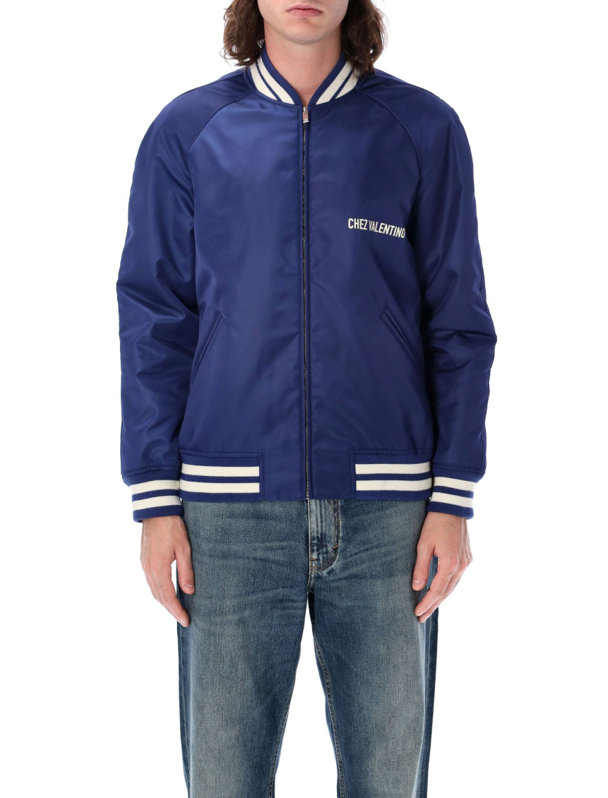 Valentino Blue Bomber Jacket In Printed Polyamide With Zip And High Collar In Navy Blue