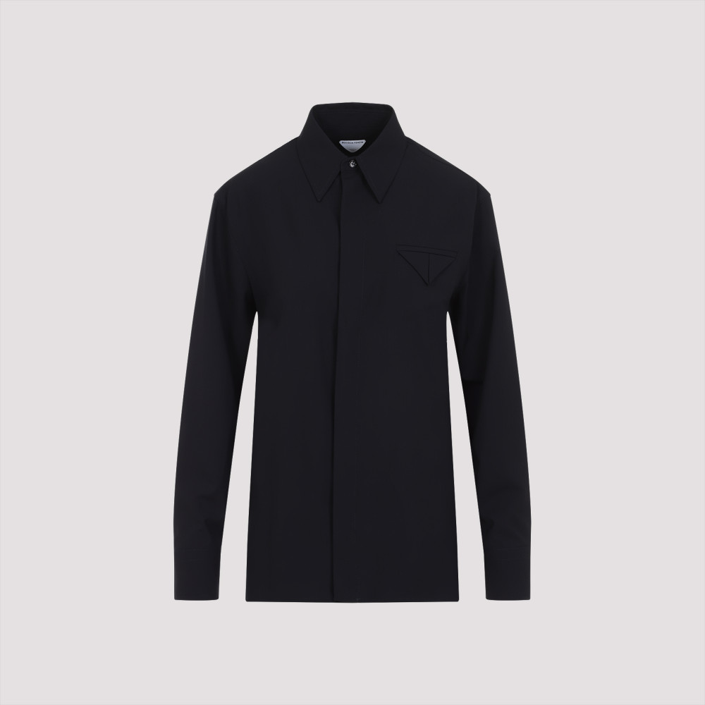 Bottega Veneta Wool Shirt With Buttoned Cuffs And Chest Pocket In Dark Blue