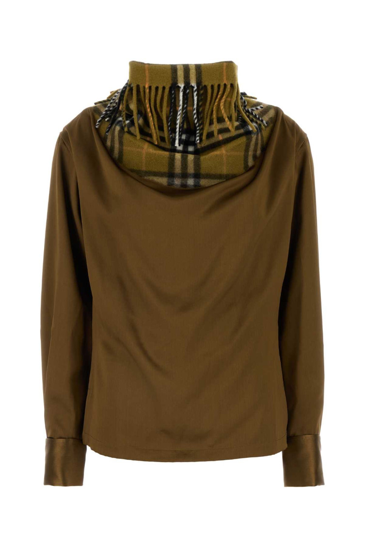Burberry Checked Scarf Satin Top In Brown