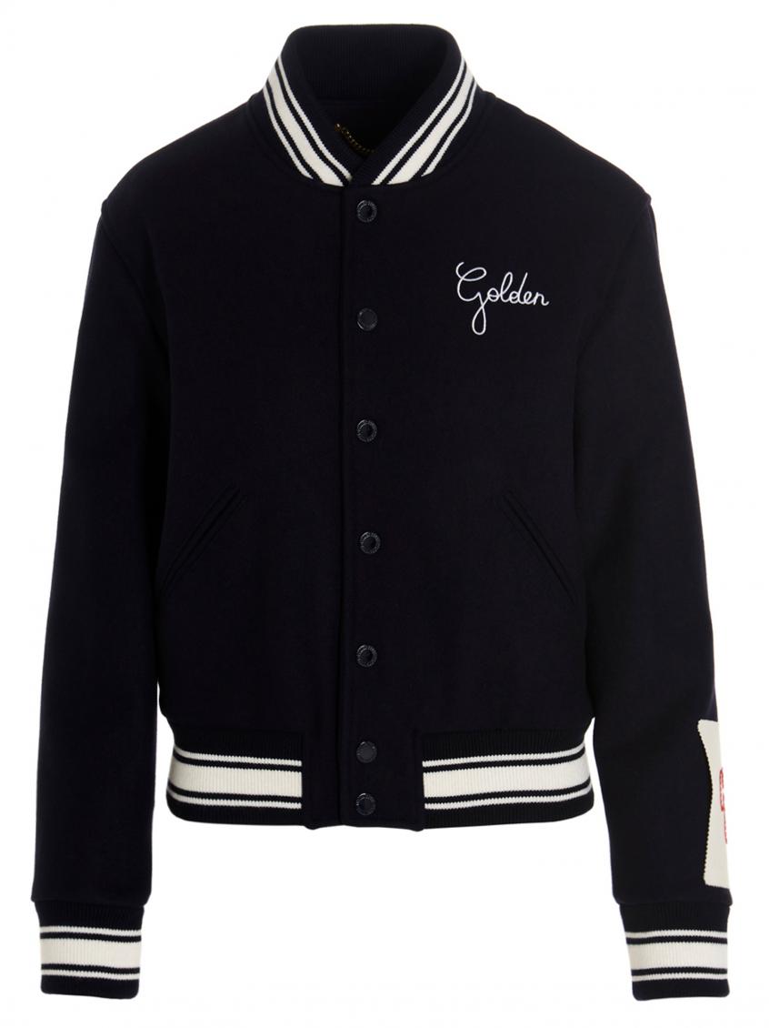 Golden Goose Wool Blend Bomber With Embroidered Logo In Dark Blue