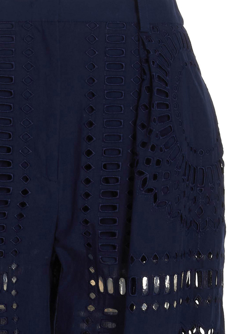 パンツ A FERRETTI Embroidered cotton pants Blue Alberta Ferretti Dark Blue Embroidered Cotton Pants for