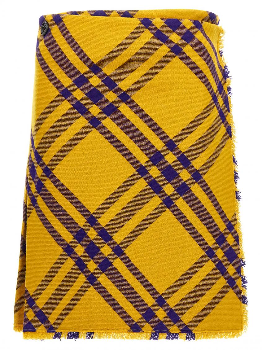 Burberry Check Fringed-edge Kilt Wrap Skirt In Yellow