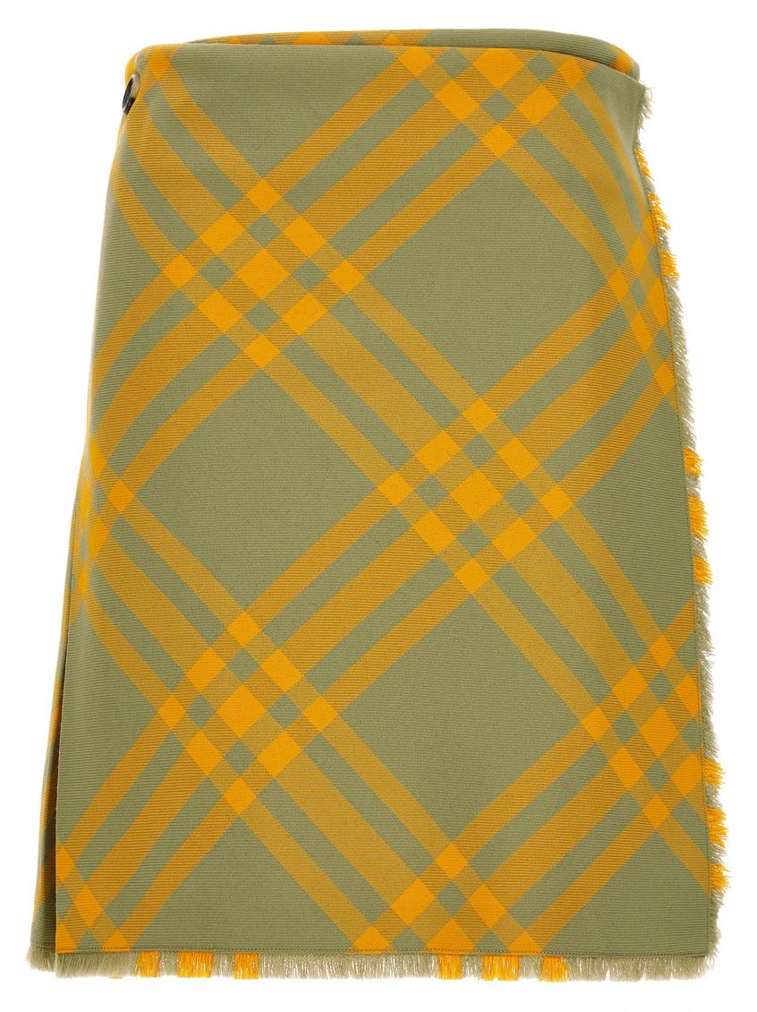 Shop Burberry Yellow Check Kilt Skirt
