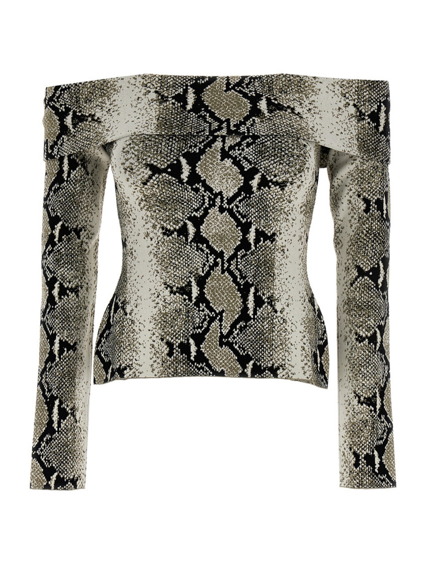 Khaite Vivi Snakeskin-print Foldover Off-the-shoulder Top In Grey
