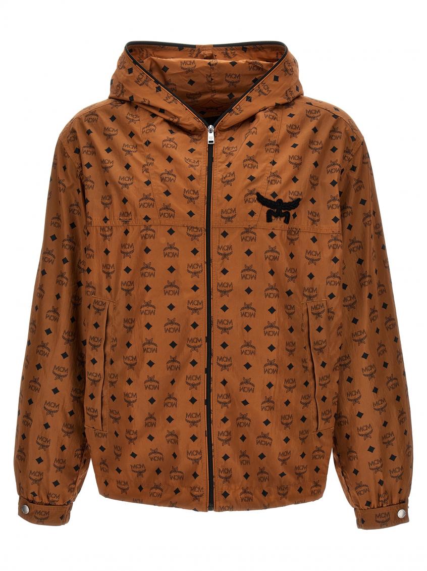 Mcm Monogram-printed Zipped Hooded Jacket In Brown