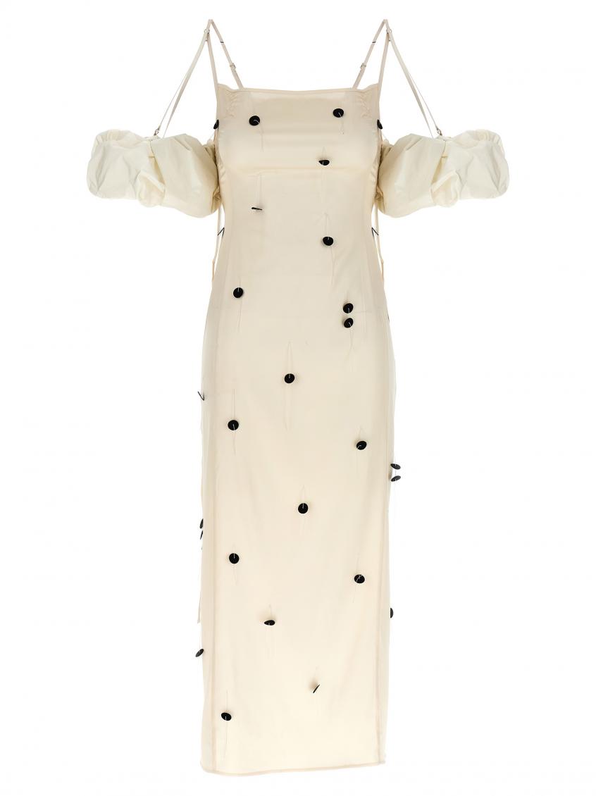 Jacquemus Beloved Off-shoulder Midi Dress With Button Embellishments In White