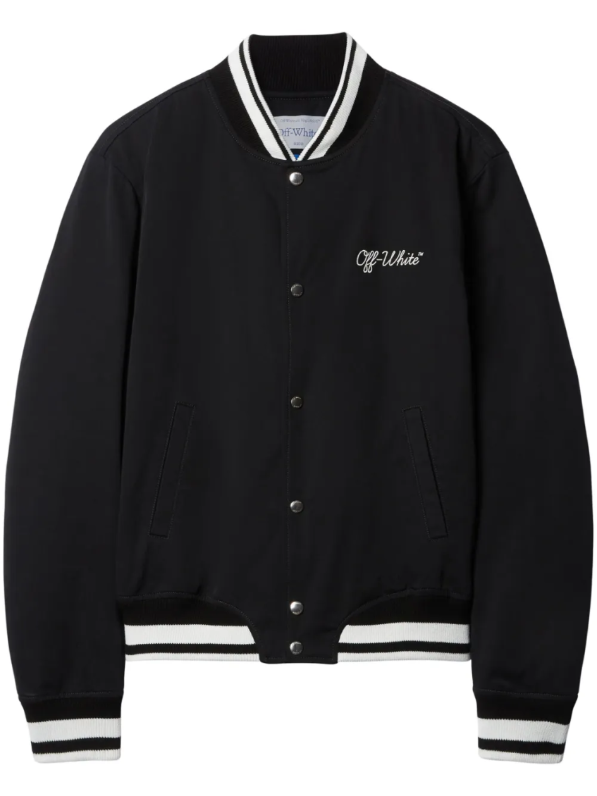 Off-white College Satin Souvenir Bomber Jacket In Black
