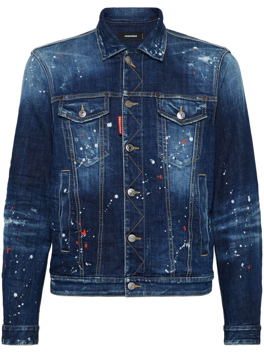 Shop Dsquared2 Navy Blue D2 Paint-splattered Denim Jacket