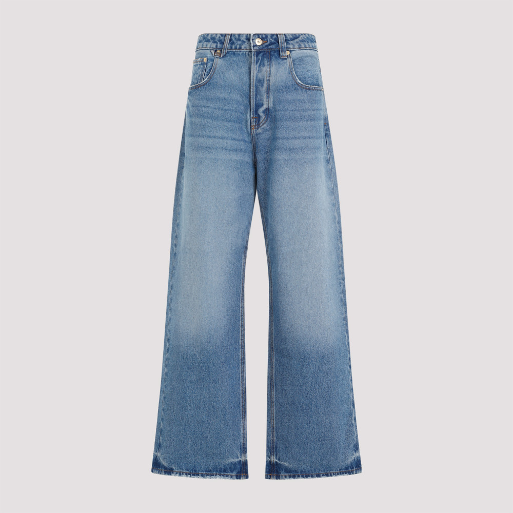 Jacquemus Wide Leg High Rise Jeans With Contrast Stitching In Blue