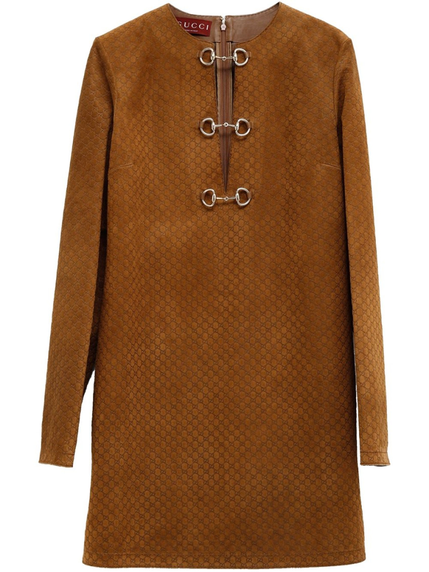 Gucci Brown Dress With Front Horsebit Details And All-over Gg Motif In Suede Woman In Brown