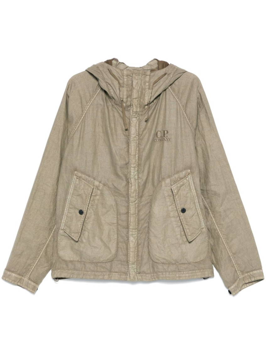 C.p. Company Linen Jacket With Buttoned Hood And Drawstring In Beige