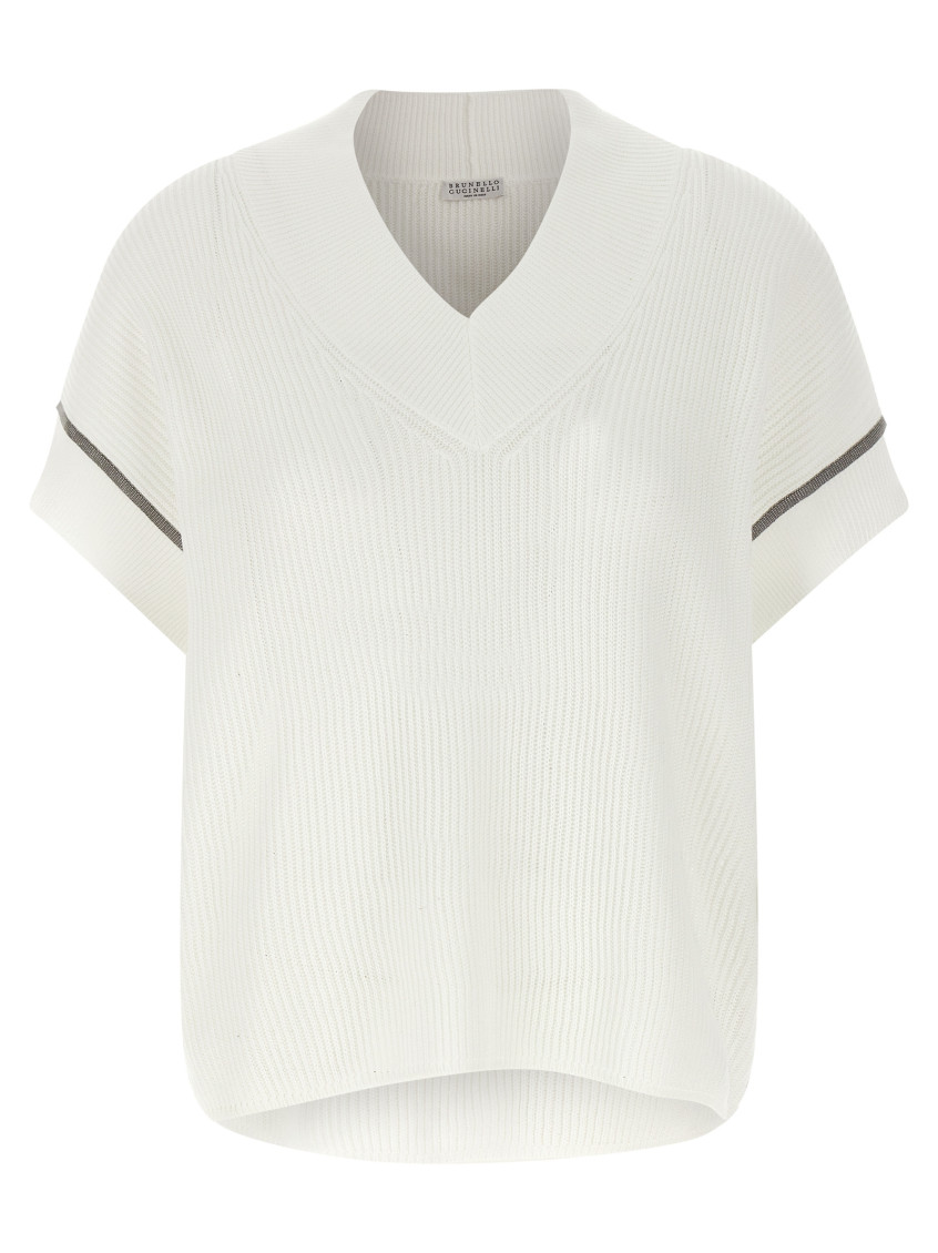 Brunello Cucinelli Women Cotton Rib Knit T-shirt With Precious Trims In White