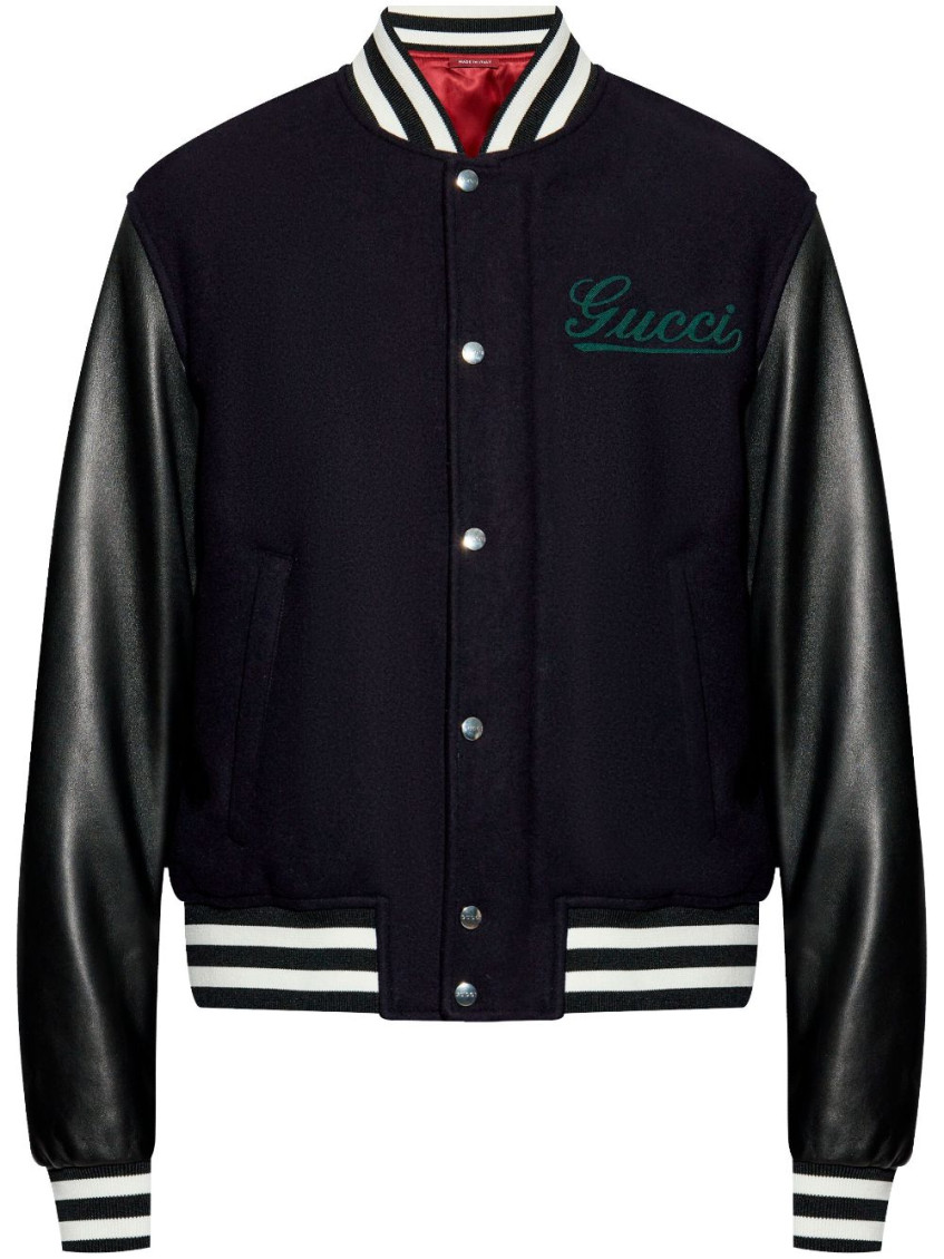 Shop Gucci Navy Blue Wool And Leather Bomber Jacket