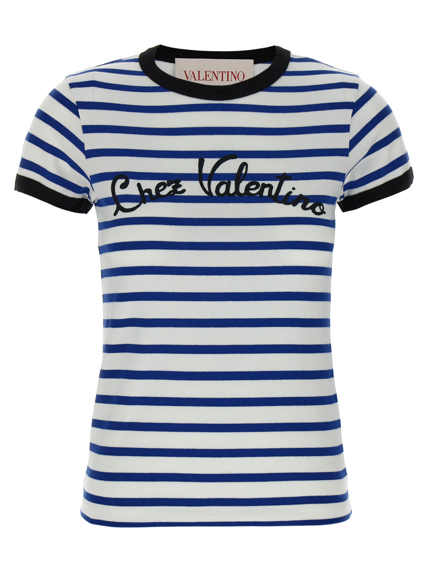 Valentino Womens Striped Embroidered Cotton-jersey T-shirt Avorio Blu In Blue