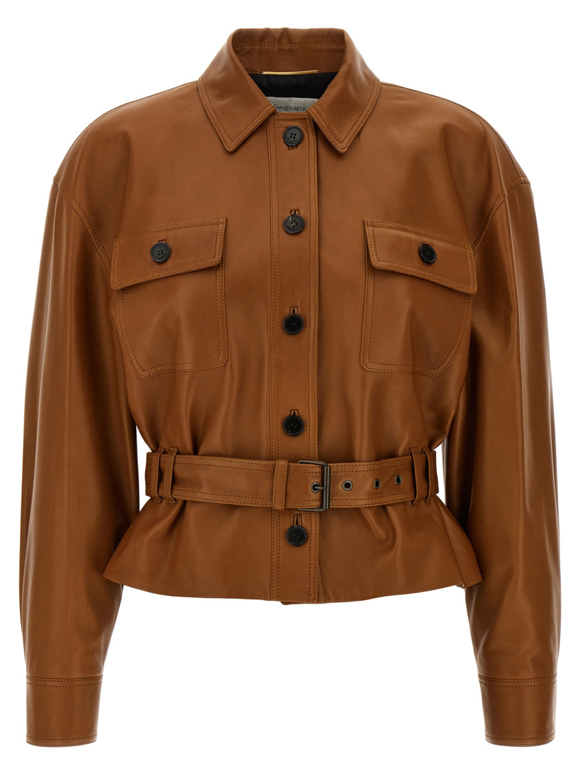 Saint Laurent Saharienne Brown Jacket With Pointed Collar And Adjustable And Removable Waist Belt In Leather Woman In Brown