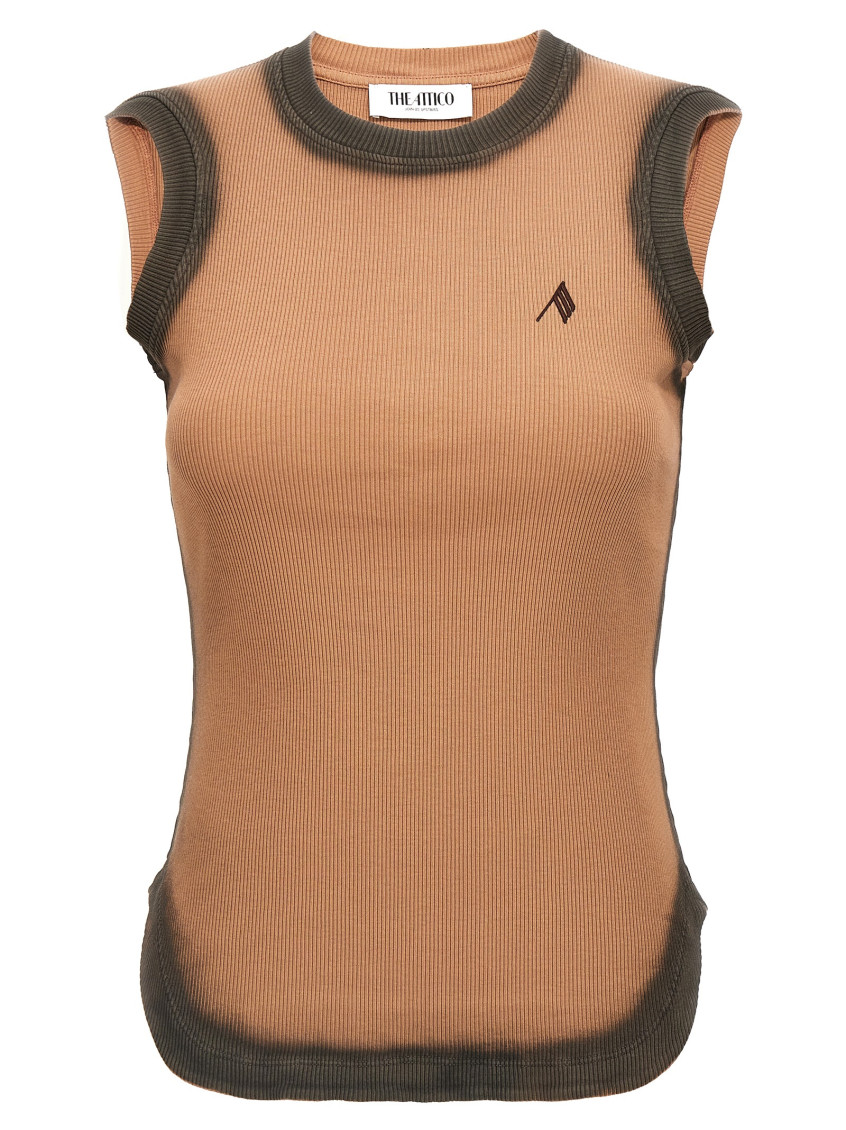 Attico Beige Sleeveless Crewneck Top With Contrasting Logo Embroidery On The Front In Cotton Woman In Brown