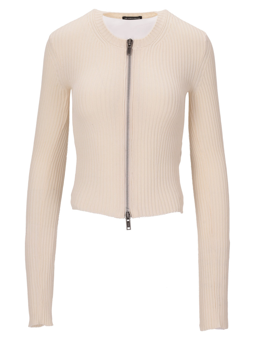 Ann Demeulemeester Cropped Wool Cardigan With Zip Detail In Beige