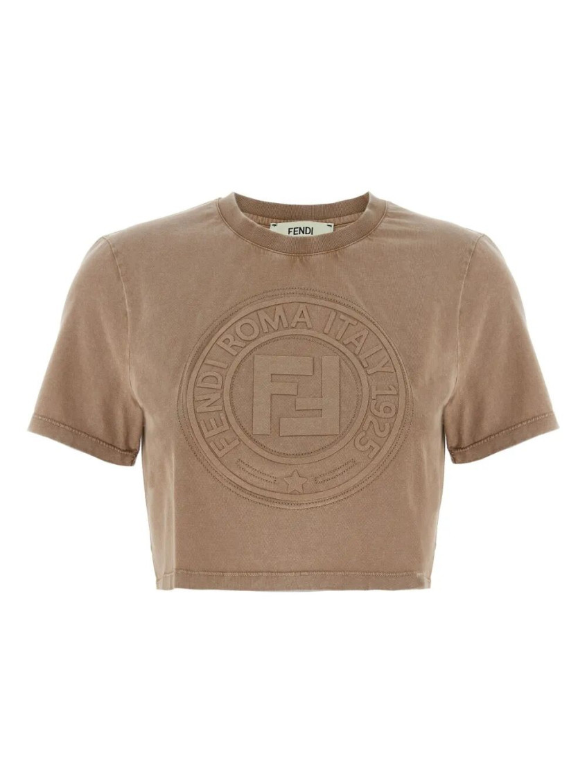 Fendi Beige Cotton Logo Crop T-shirt In Brown