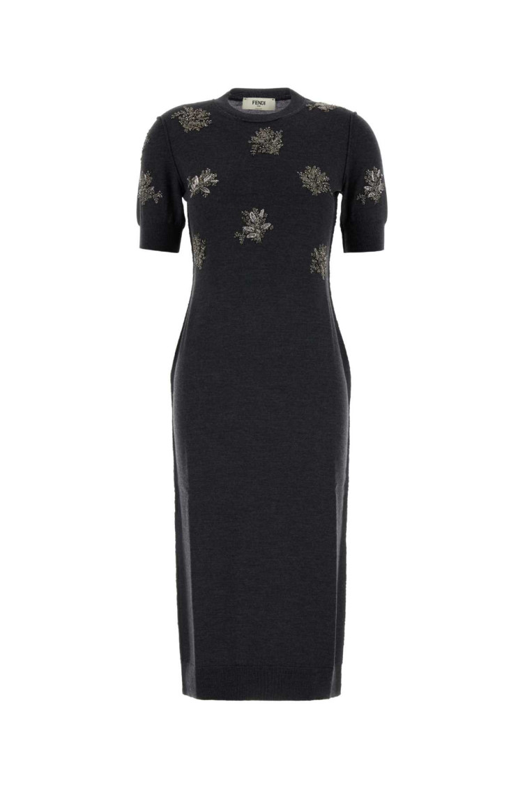 Fendi Wool Dress With Embroidered Ribbed Hem And Short Sleeves In Dark Grey