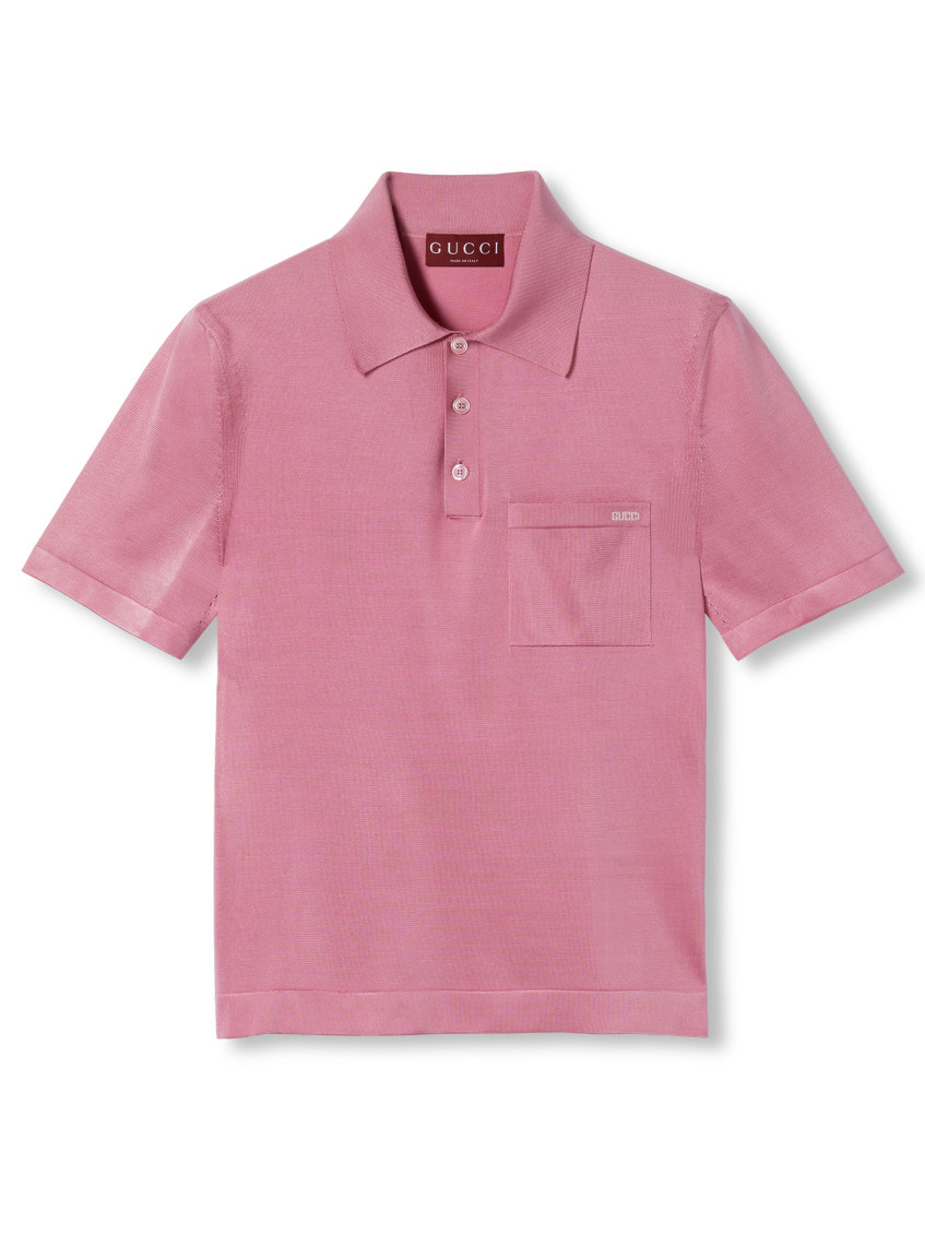 Gucci Pink Polo Shirt With Chest Pocket And Embroidered Logo On The Front In Fine Silk Knit Man In Pink