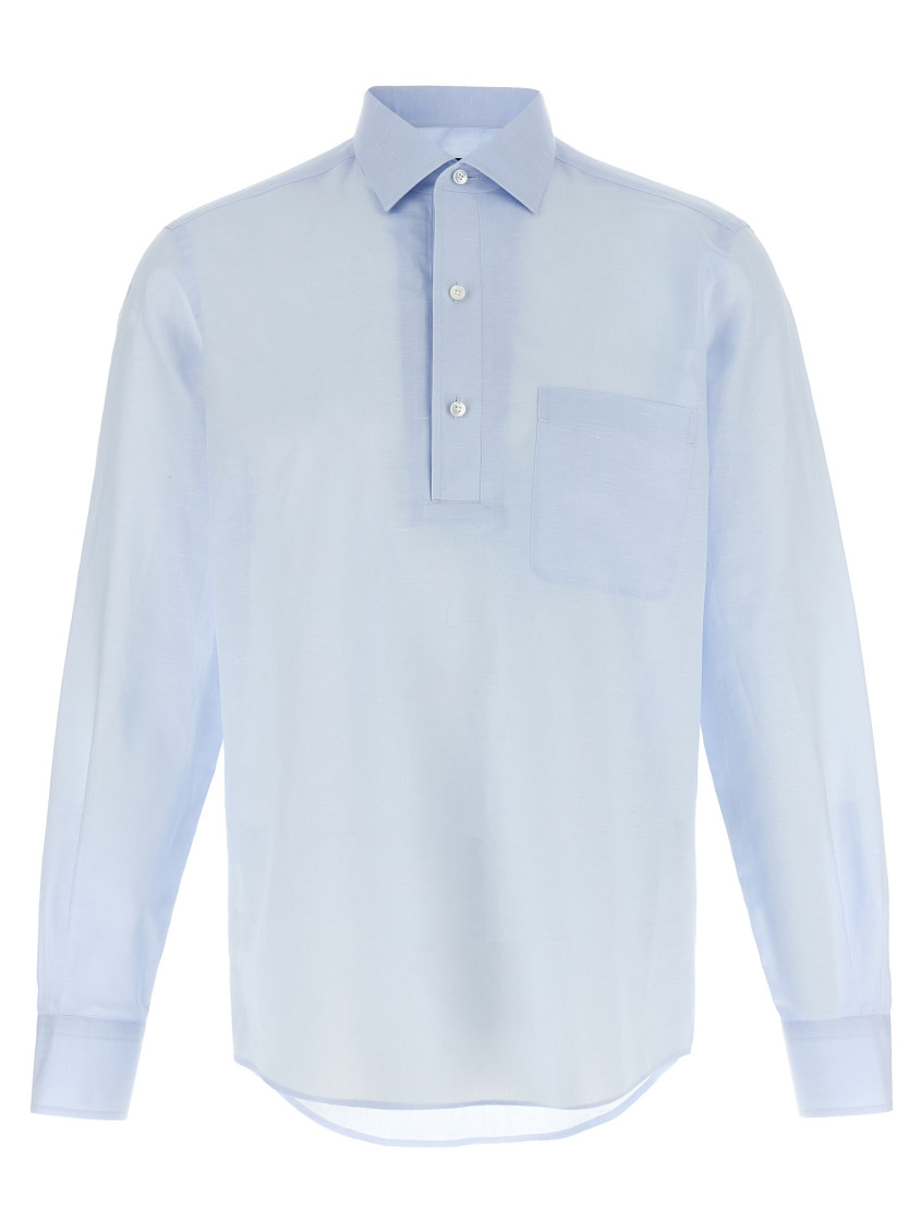 Zegna Linen Blend Shirt With Three-button Front In Light Blue