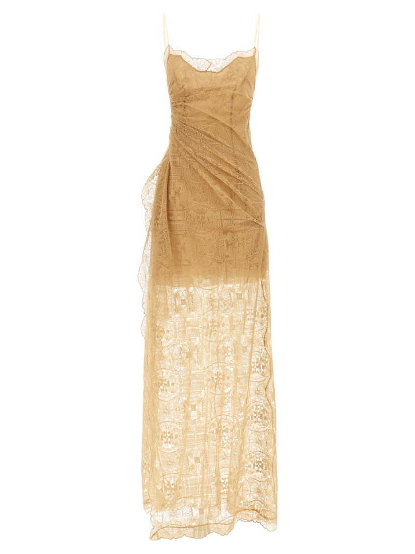 chinese dress ladies Long lingerie-style dress in silk with black and white lace main image 1