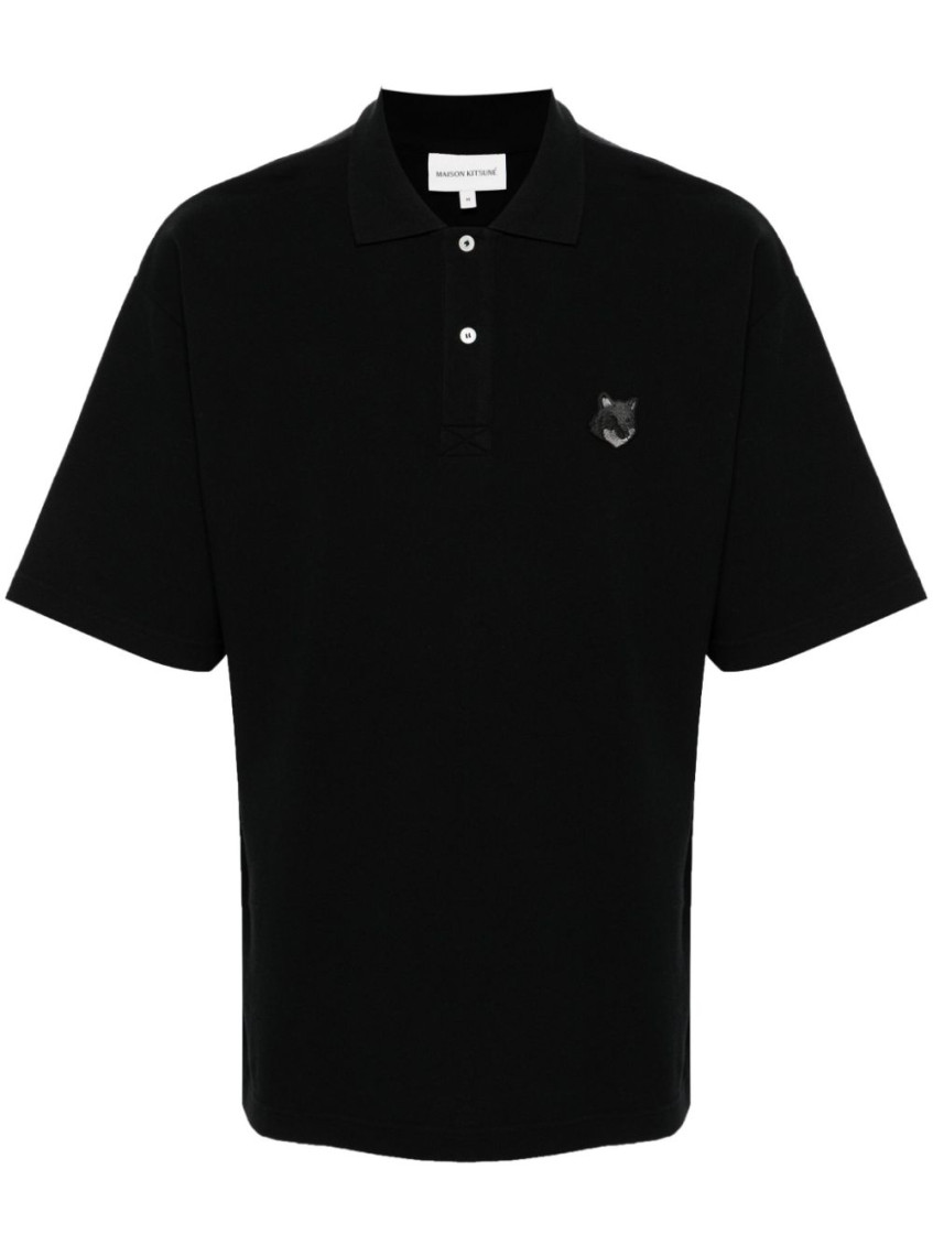 MAISON KITSUNÉ BLACK EMBROIDERED FOX COTTON POLO