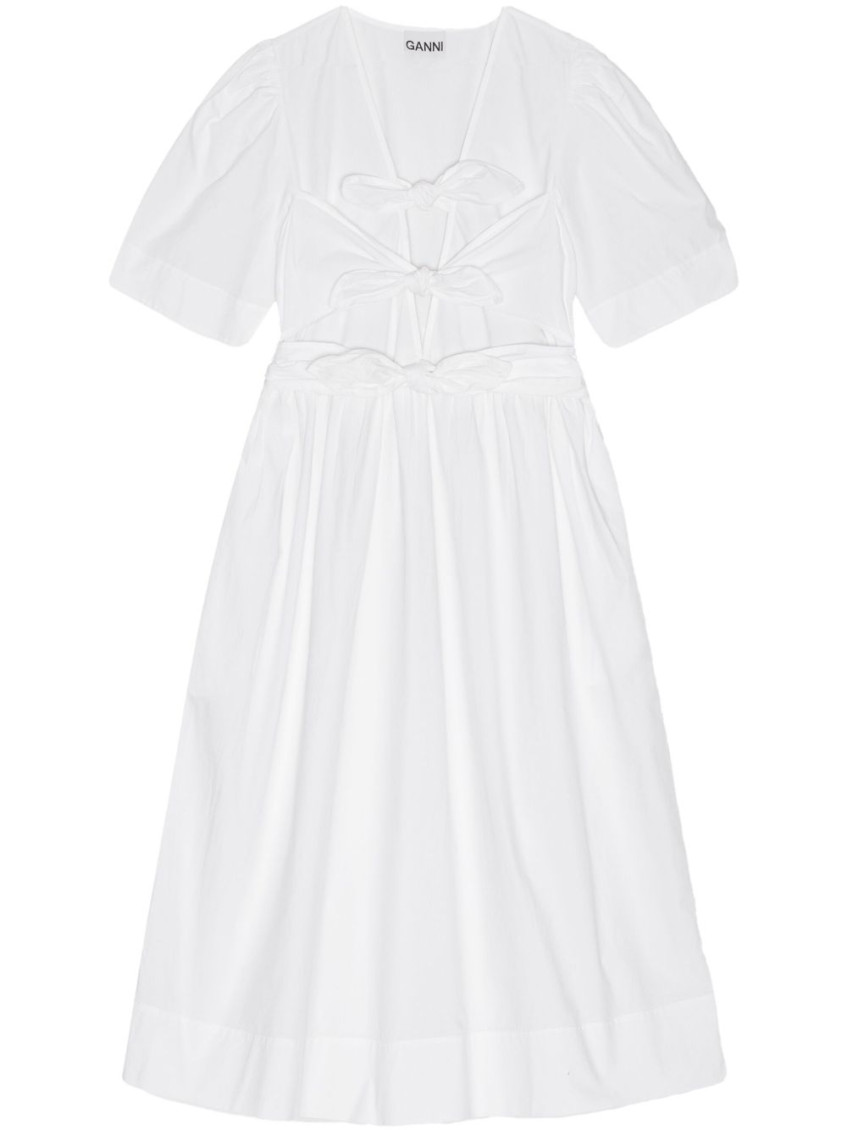 Ganni Belted Tie-detailed Gathered Cotton-blend Poplin Midi Dress