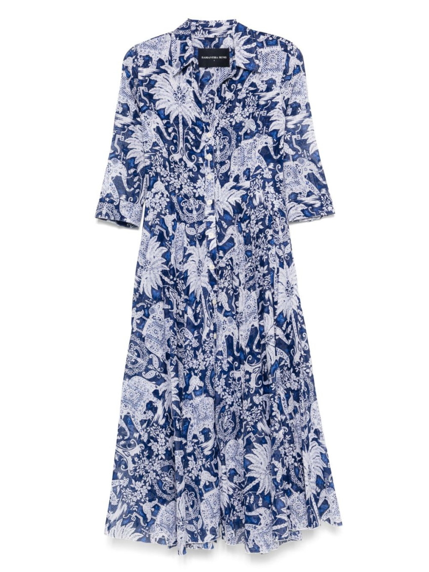 Samantha Sung Blue Aster Printed Cotton Shirtdress