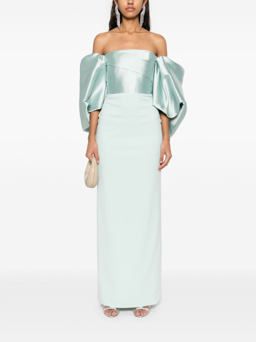 Solace London 'floris' Green Long Dress With Boat Neckline And Puffed Short Sleeves