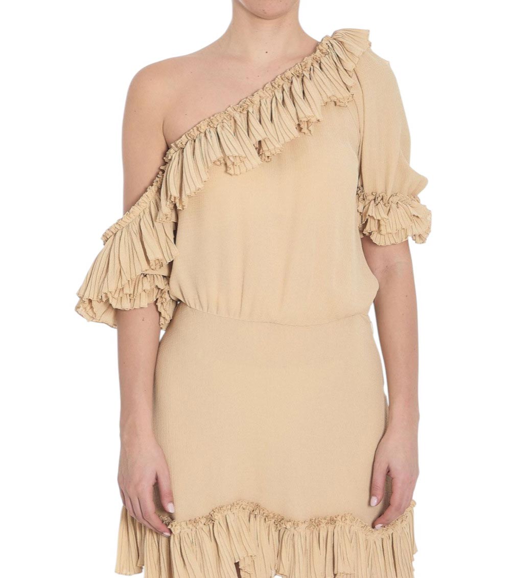 Saint Laurent Beige One-shoulder Dress With Asymmetric Neckline And Poet Sleeves In Silk Woman