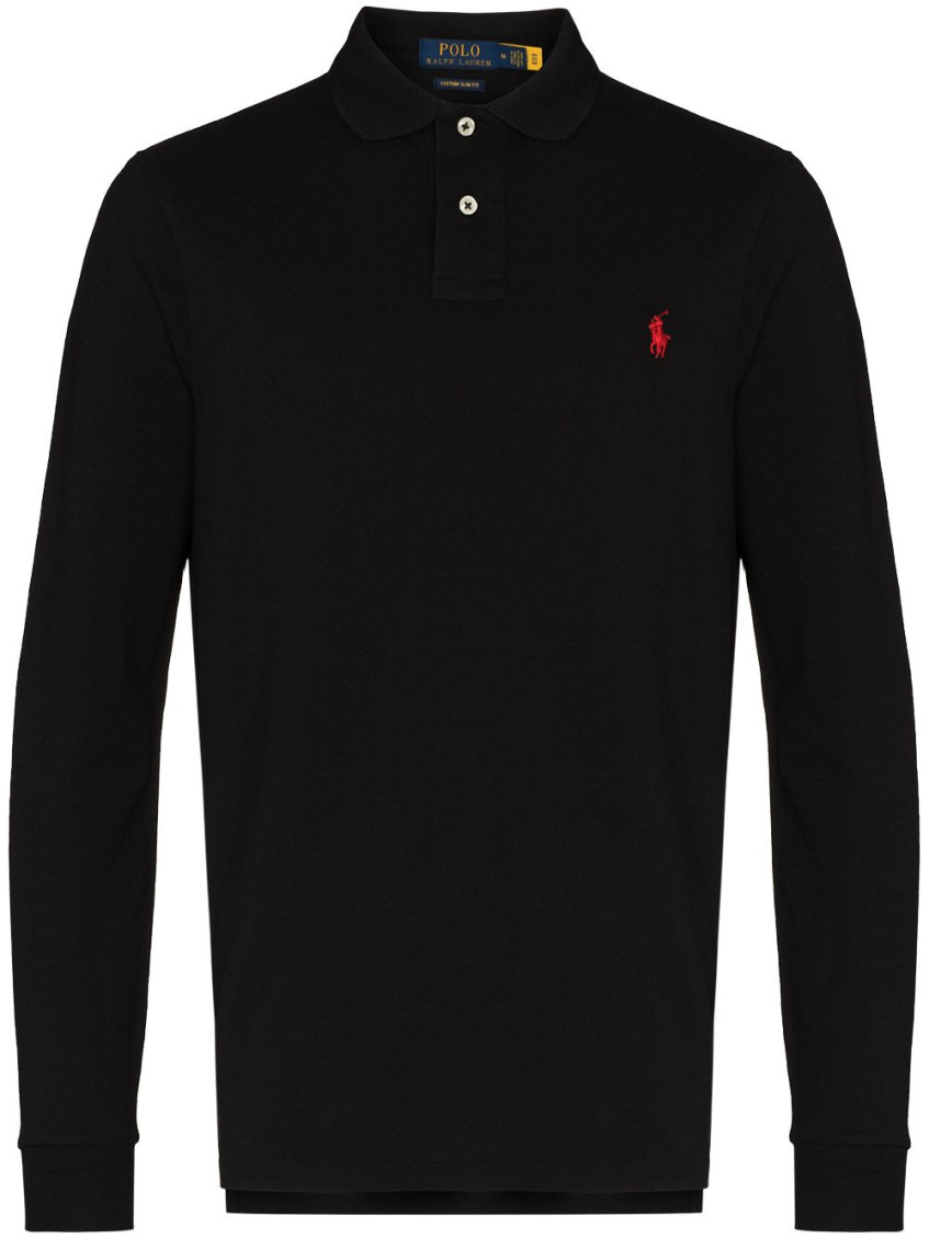 Polo Ralph Lauren Mens Polo Black Long-sleeved Logo-embroidered Custom Slim-fit Cotton-piqué Polo Shirt Xl In Black