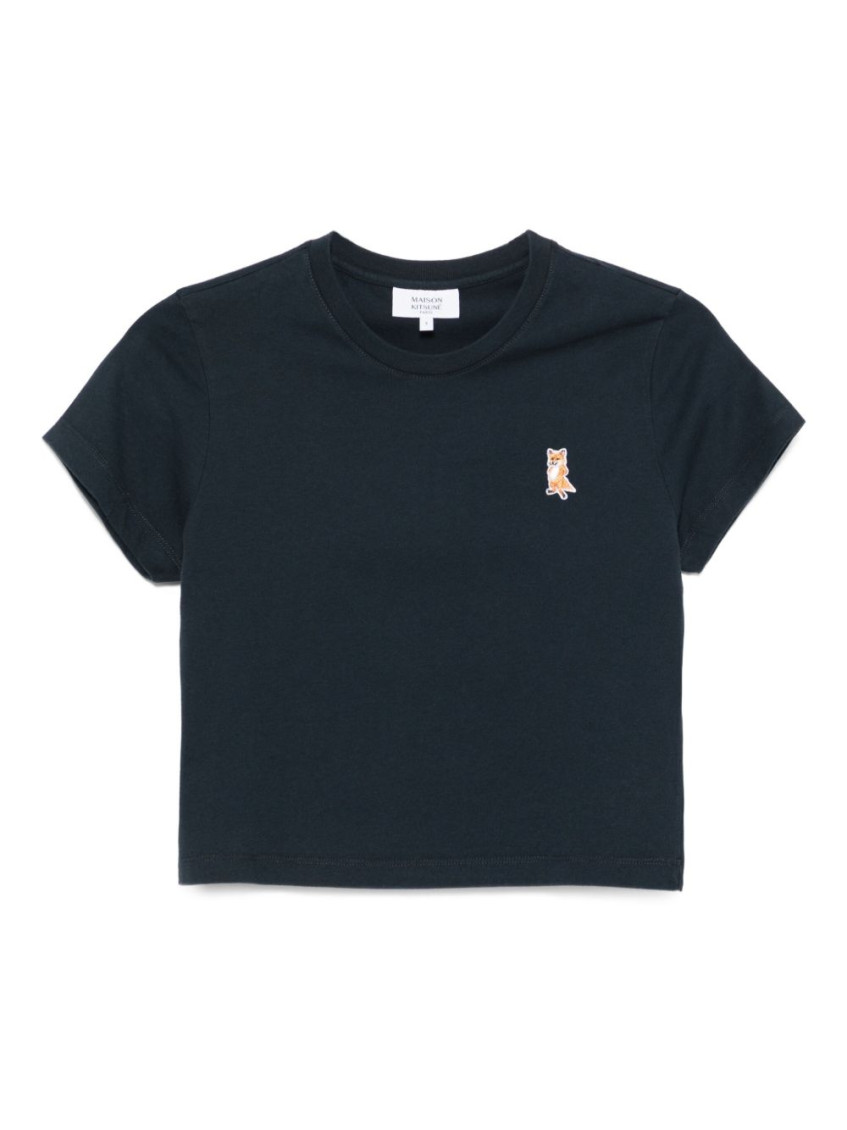 Maison Kitsuné Lady Fox Baby Embroidered Cotton Cropped Top In Blue