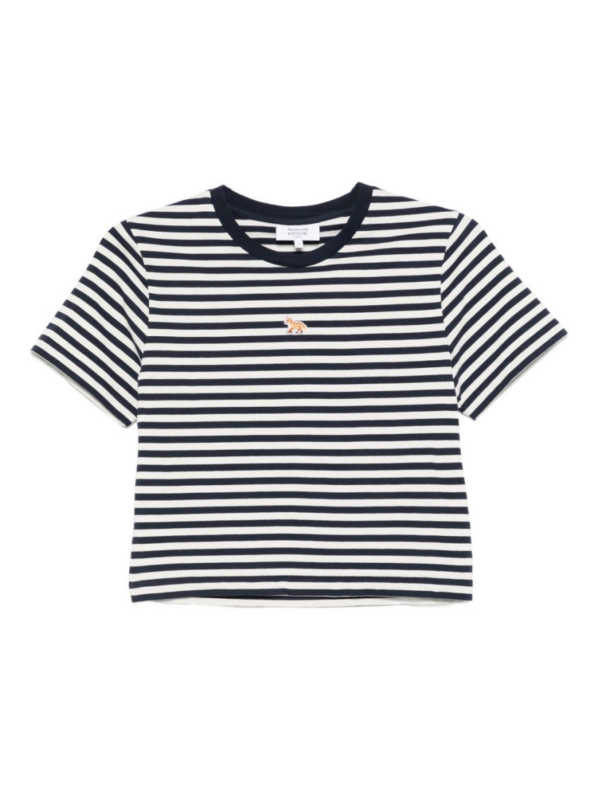 Maison Kitsuné Baby Fox-embroidered Striped Cropped Top In Blue