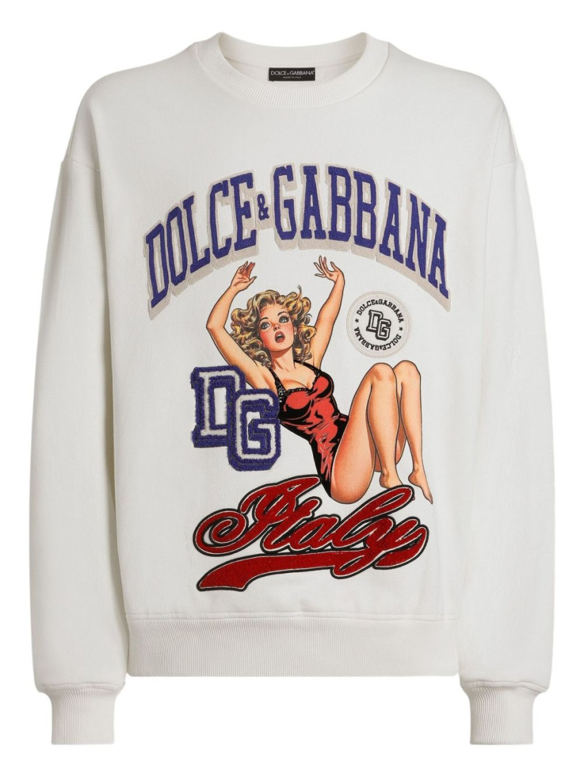 Dolce & Gabbana Graphic Print Crew Neck Sweatshirt With Ribbed Cuffs In Gray