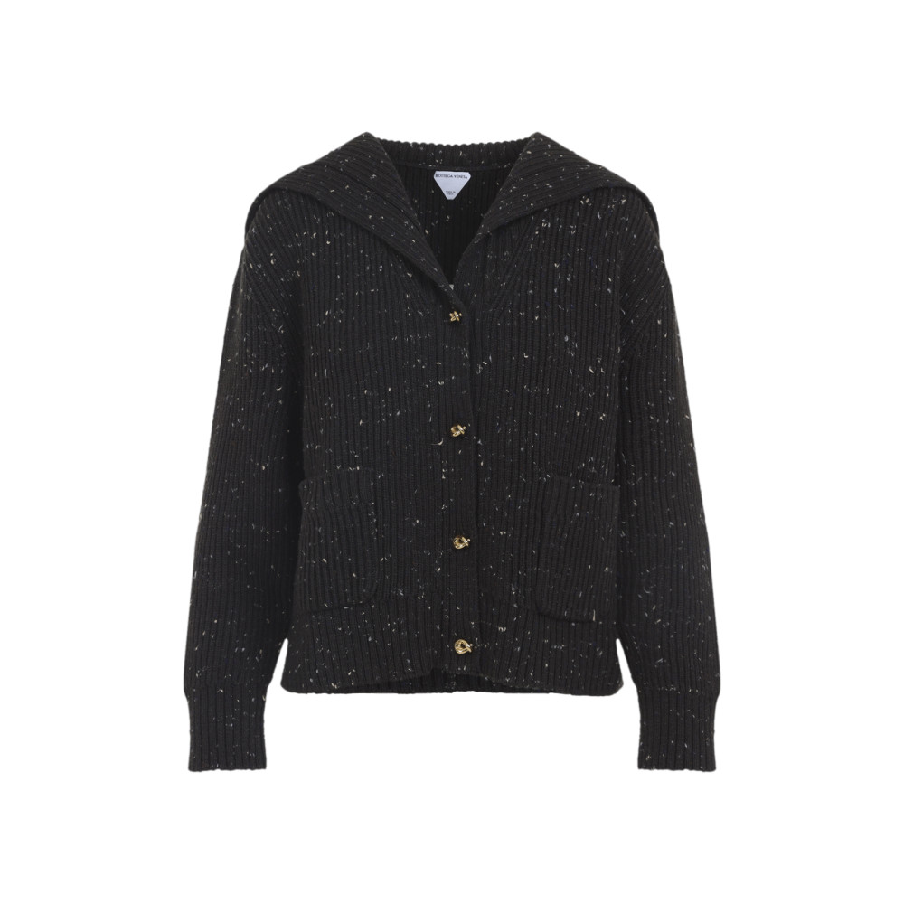 Bottega Veneta Melange Dark Brown Wool Blend Cardigan In Black