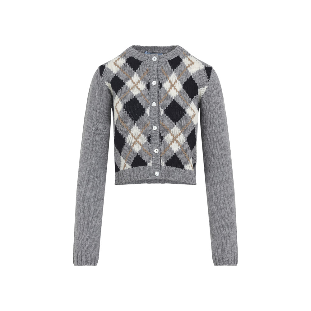 Prada Argyle Pattern Long Sleeve Knitwear Cardigan In Gray