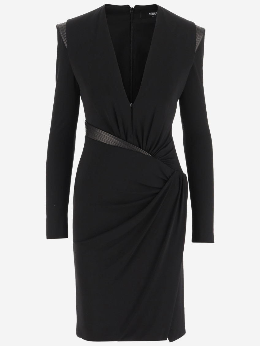 Versace Ruched Deep V-neck Mini Dress In Black