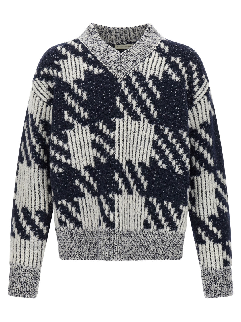 Dries Van Noten Check Wool-blend Sweater In Gray