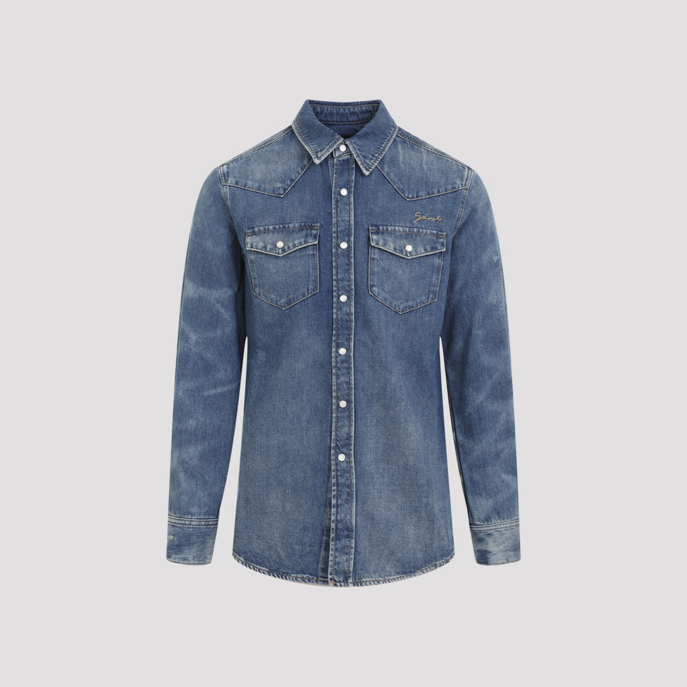 Shop Givenchy Denim Embroidered Logo Shirt