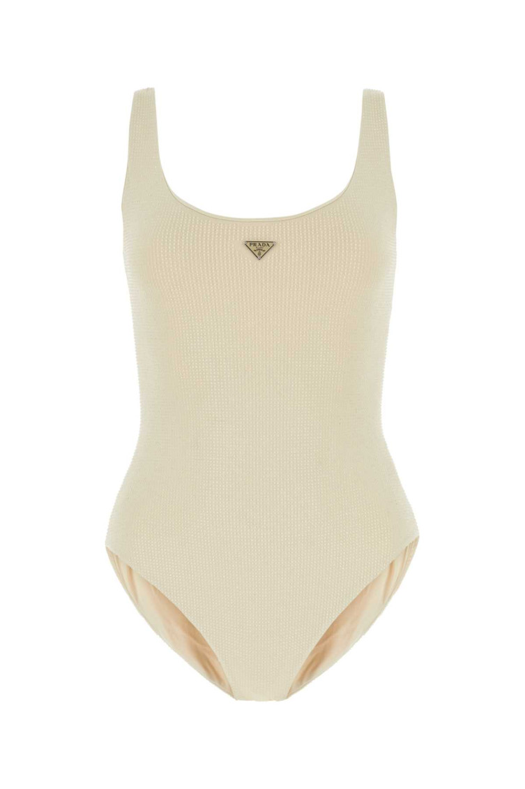 Prada Costume Intero In Nylon Stretch Decorato Donna In Natural