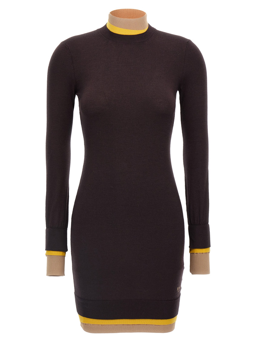 Shop Fendi Brown Wool Knitted Dress