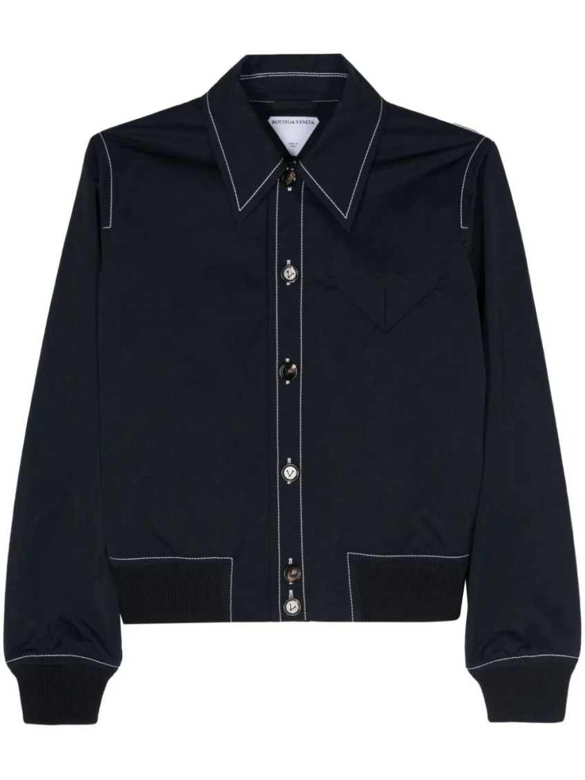 Bottega Veneta Tech Nylon Jacket With Ribbed Cuffs And Hem In Navy Blue
