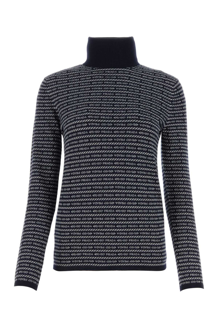 Prada Superfine Wool Turtleneck Sweater With Intarsia Logo In Blue