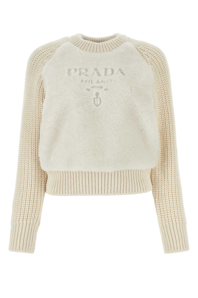 Prada Shearling And Alpaca Crew Neck Sweater In Off White